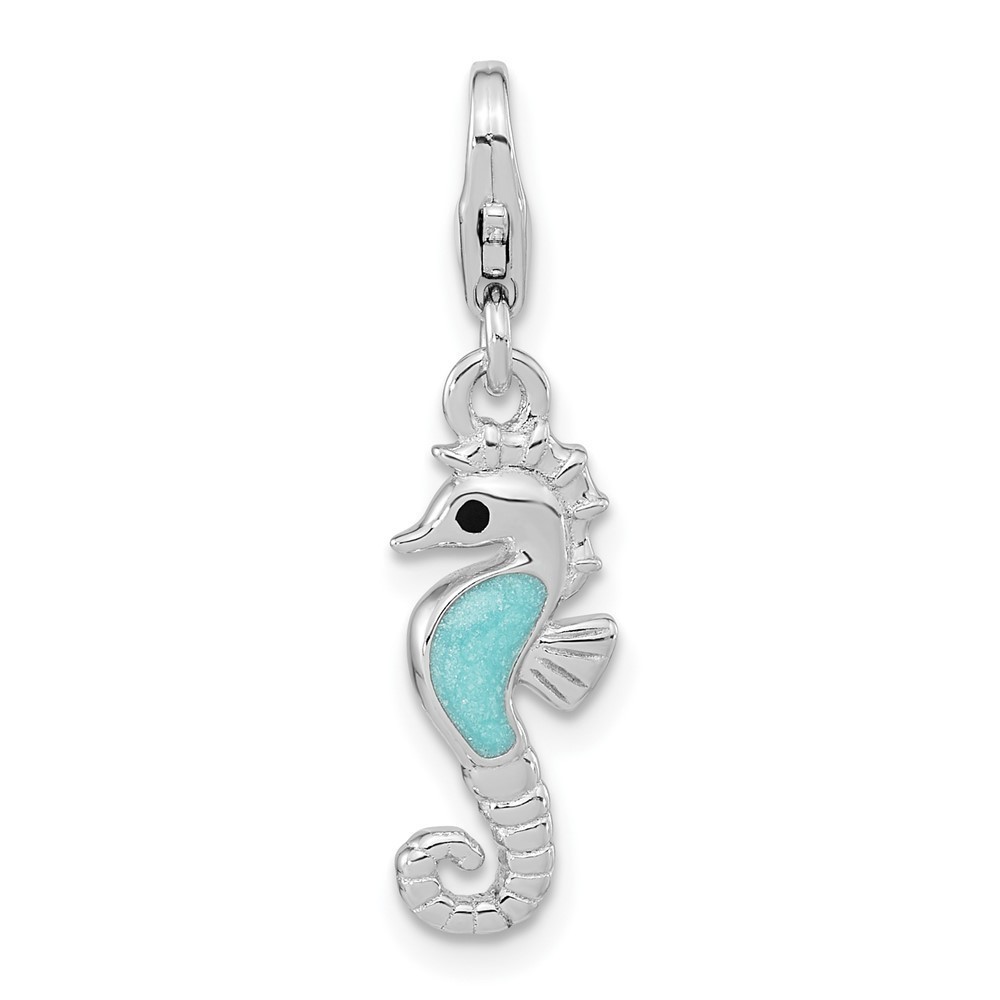 Sterling Silver 3-D Glitter Enameled 3-D Seahorse Bracelet Charm Lobster Clasp